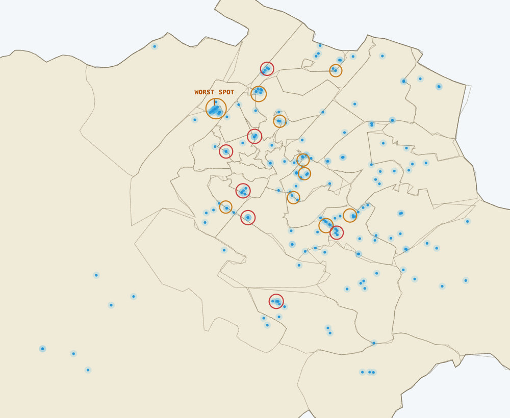 Map of Gurgaon showing 201 citizen waterlogging reports clustered by location, with confirmed and possibly-new hotspots ringed