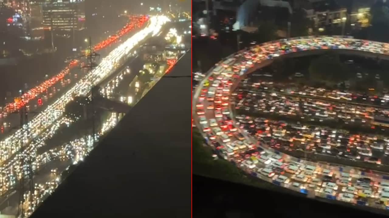 Aerial view of gridlocked traffic on NH-48 and IFFCO Chowk during the September 1, 2025 Gurgaon floods