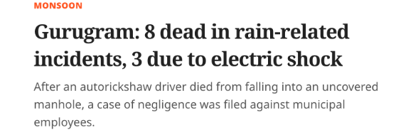 News headline: Gurugram 8 dead in rain-related incidents, 3 due to electric shock